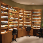 An image showcasing a serene, well-lit aromatherapy classroom, adorned with shelves of neatly labeled essential oil bottles, a knowledgeable instructor demonstrating blending techniques, and enthusiastic students engaging in hands-on learning