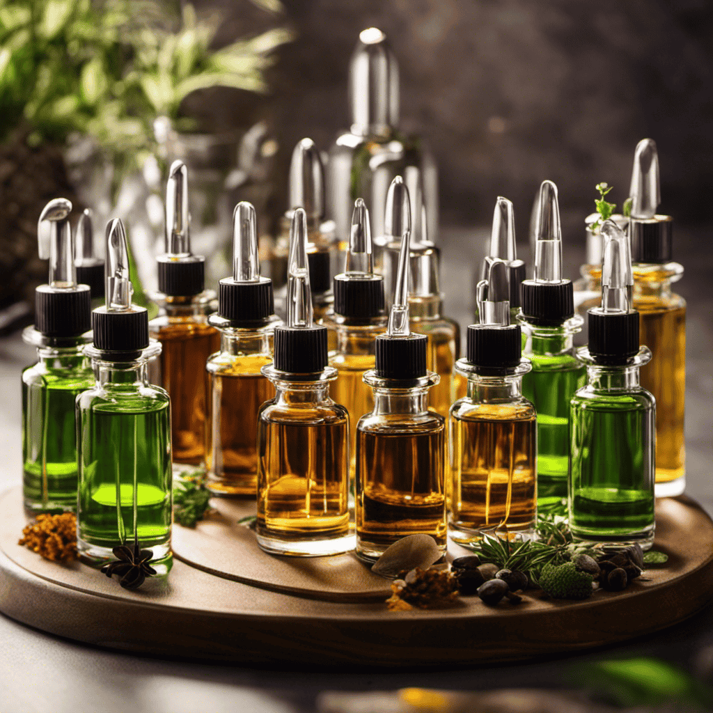 An image showcasing an electric diffuser, surrounded by a variety of aromatic oils in small glass bottles