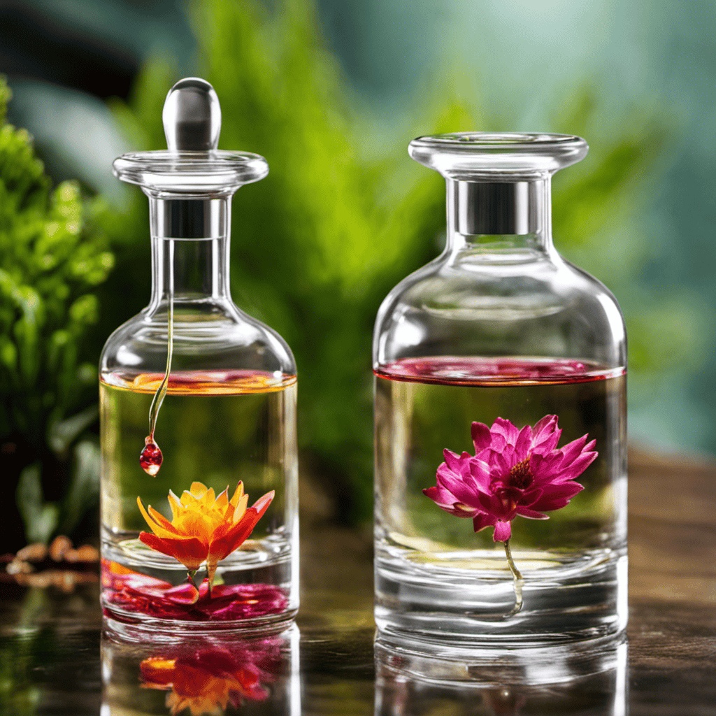 An image of a glass dropper suspended above a clear, cylindrical glass bottle filled with vibrant, concentrated aromatherapy oils