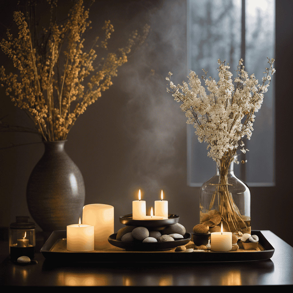 An image showcasing a tranquil, dimly lit spa room with an aromatic diffuser casting a soft glow
