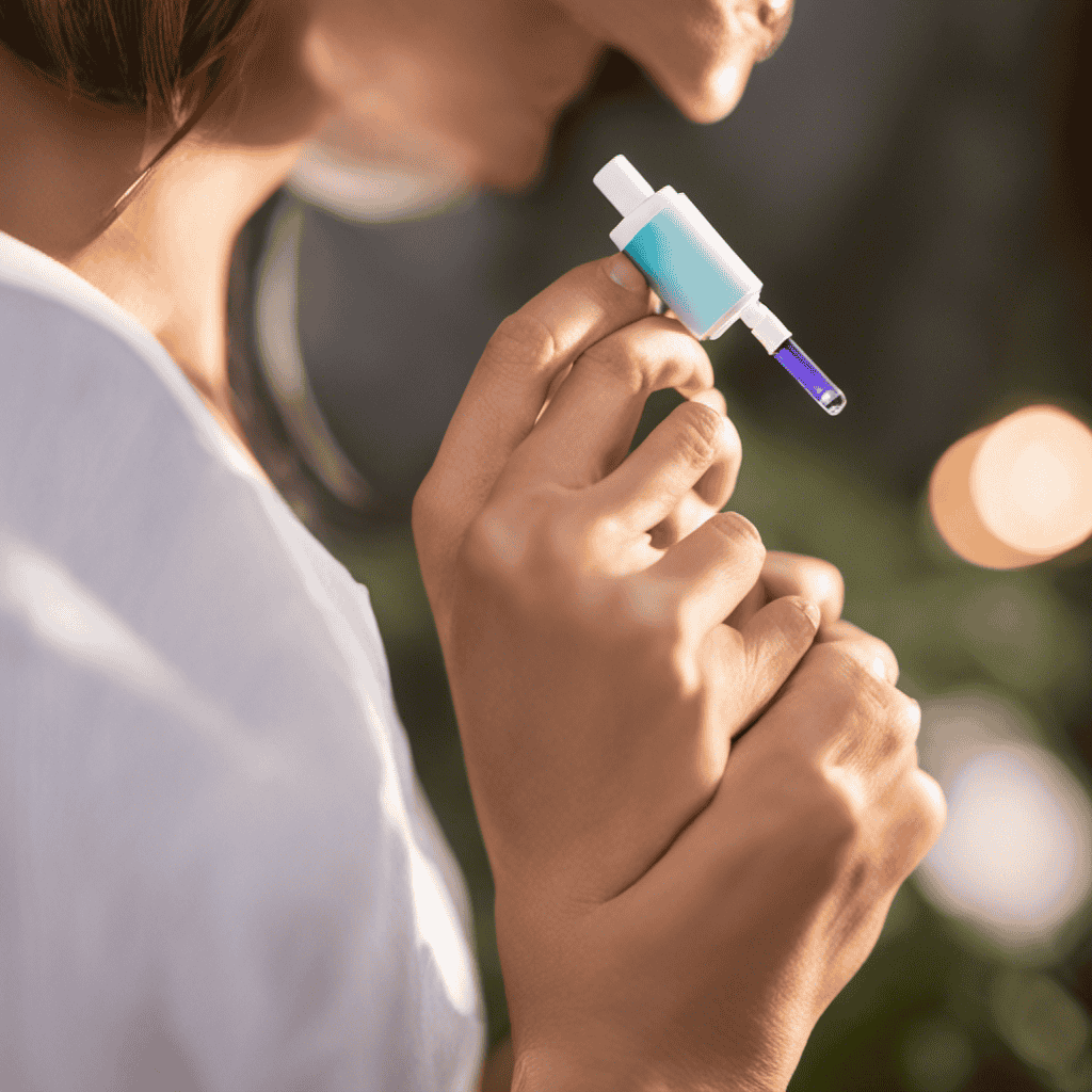 An image showcasing a person holding a sleek, pocket-sized nasal aromatherapy inhaler to their nostril