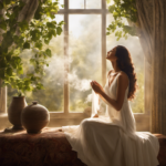 An image showcasing a serene setting: a sunlit room with a diffuser emitting gentle tendrils of aromatic vapor, delicately enveloping a woman in bliss while she peacefully inhales, her face reflecting tranquility
