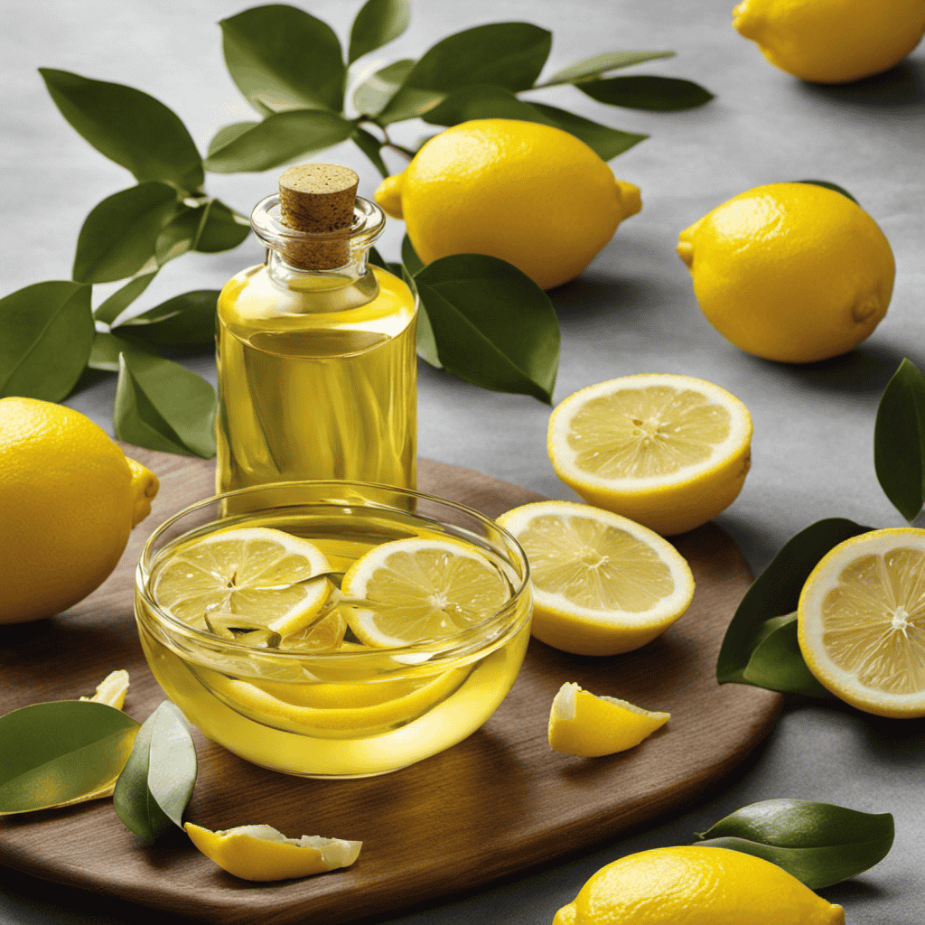 an image capturing the blissful ambiance of lemon oil aromatherapy: a serene scene featuring a golden-hued diffuser emitting delicate wisps of invigorating citrus fragrance, surrounded by vibrant lemon slices and freshly picked lemon blossoms