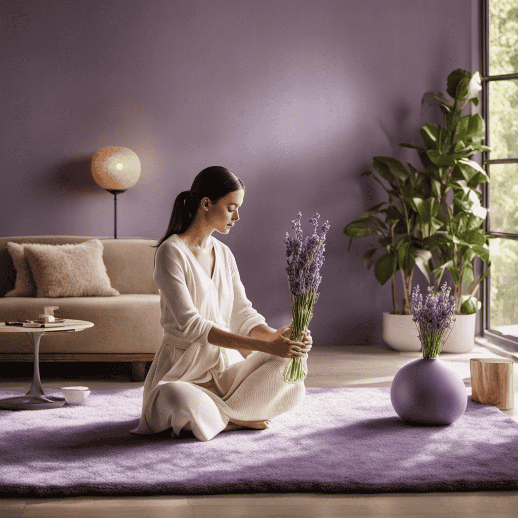An image of a serene, sunlit room with a woman sitting cross-legged on a plush rug, eyes closed, inhaling deeply from a Breathe Easy Aromatherapy diffuser