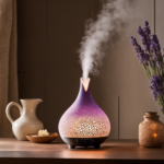 An image showcasing a ceramic diffuser releasing a gentle mist of essential oils into the air, with soft rays of sunlight filtering through the mist and casting a serene glow on a bed of blooming lavender flowers nearby