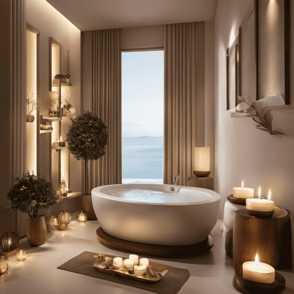 An image showcasing a serene spa setting with soft, diffused lighting and a variety of aromatic oils