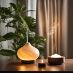 An image showcasing a serene scene of a softly lit room with an aromatherapy diffuser gently releasing fragrant vapor, elegantly swirling and filling the air, creating a tranquil and soothing ambiance