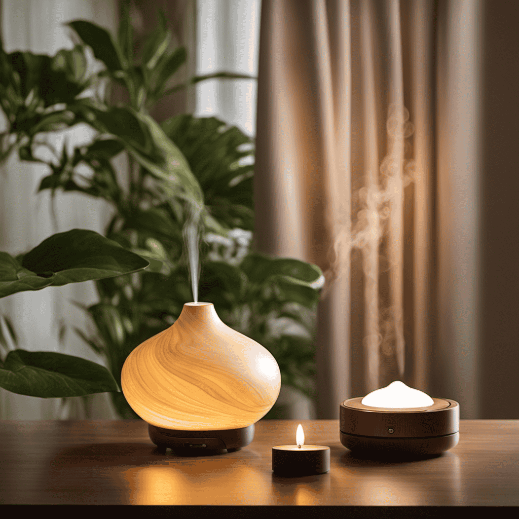 An image showcasing a serene scene of a softly lit room with an aromatherapy diffuser gently releasing fragrant vapor, elegantly swirling and filling the air, creating a tranquil and soothing ambiance
