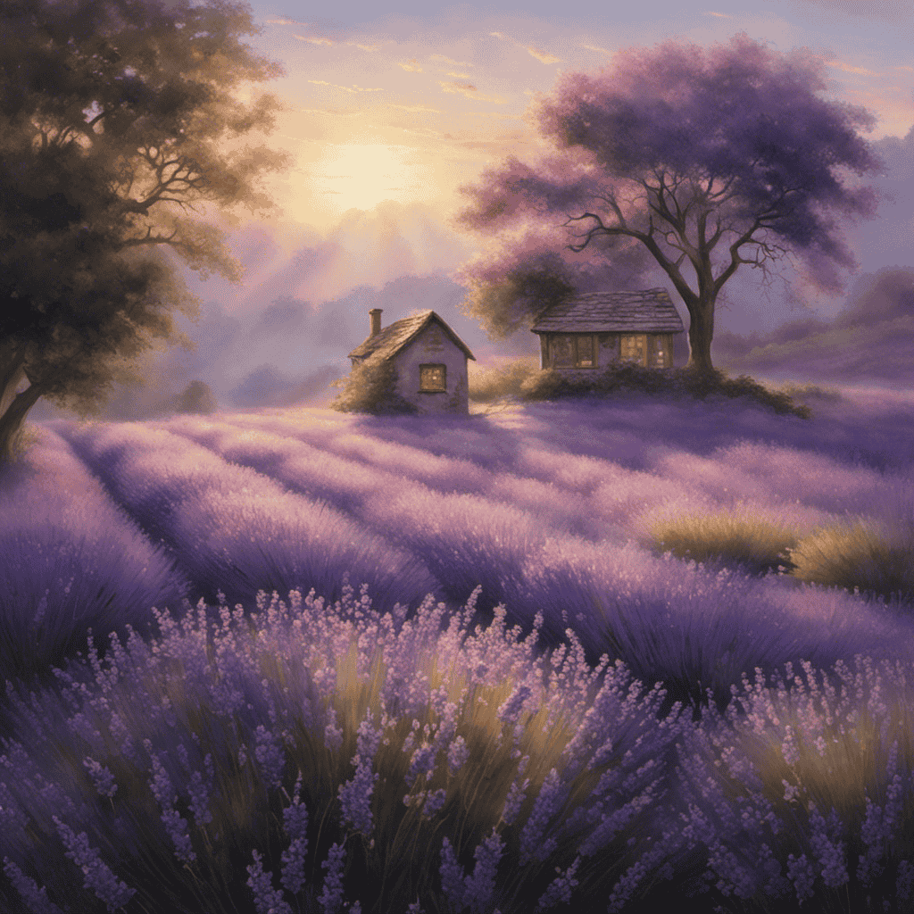 An image capturing a serene scene of a person surrounded by delicate lavender flowers, inhaling their calming scent
