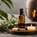 An image that showcases a serene spa-like setting, with soft diffused lighting, a beautiful arrangement of essential oils, and a person peacefully inhaling the aroma, evoking a sense of calmness and wellbeing