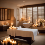 An image showcasing a serene spa room with soft lighting, aromatic candles, and a massage table draped in white linens