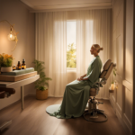 An image showcasing a serene cancer patient in a treatment room, surrounded by soft lighting and a subtle blend of aromatic essential oils diffusing gently through the air, providing a soothing and calming atmosphere