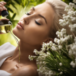 An image featuring a serene setting, with a person inhaling fragrant essential oils from a diffuser