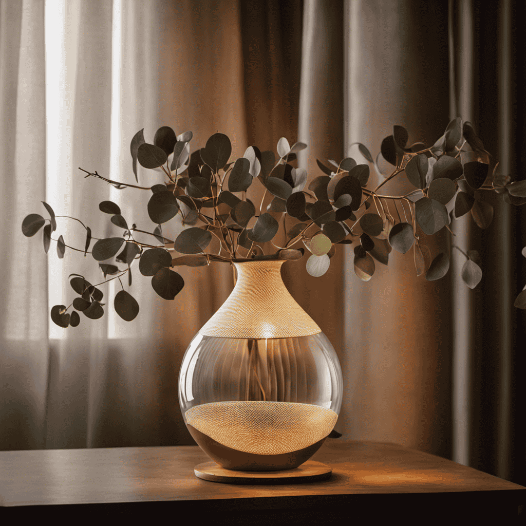 An image showcasing a serene, dimly lit room with a small diffuser releasing aromatic steam