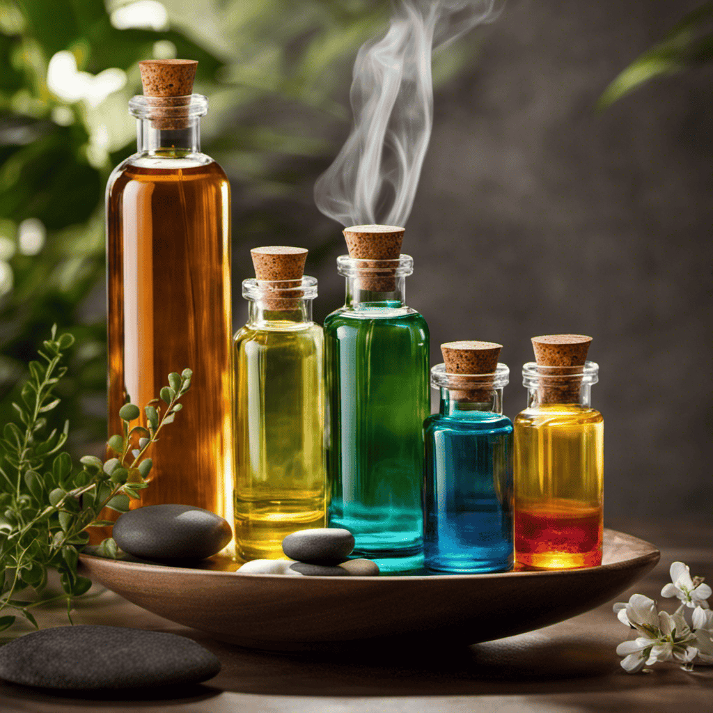 An image showcasing a serene spa setting, with soft lighting illuminating a row of colorful glass bottles filled with various essential oils