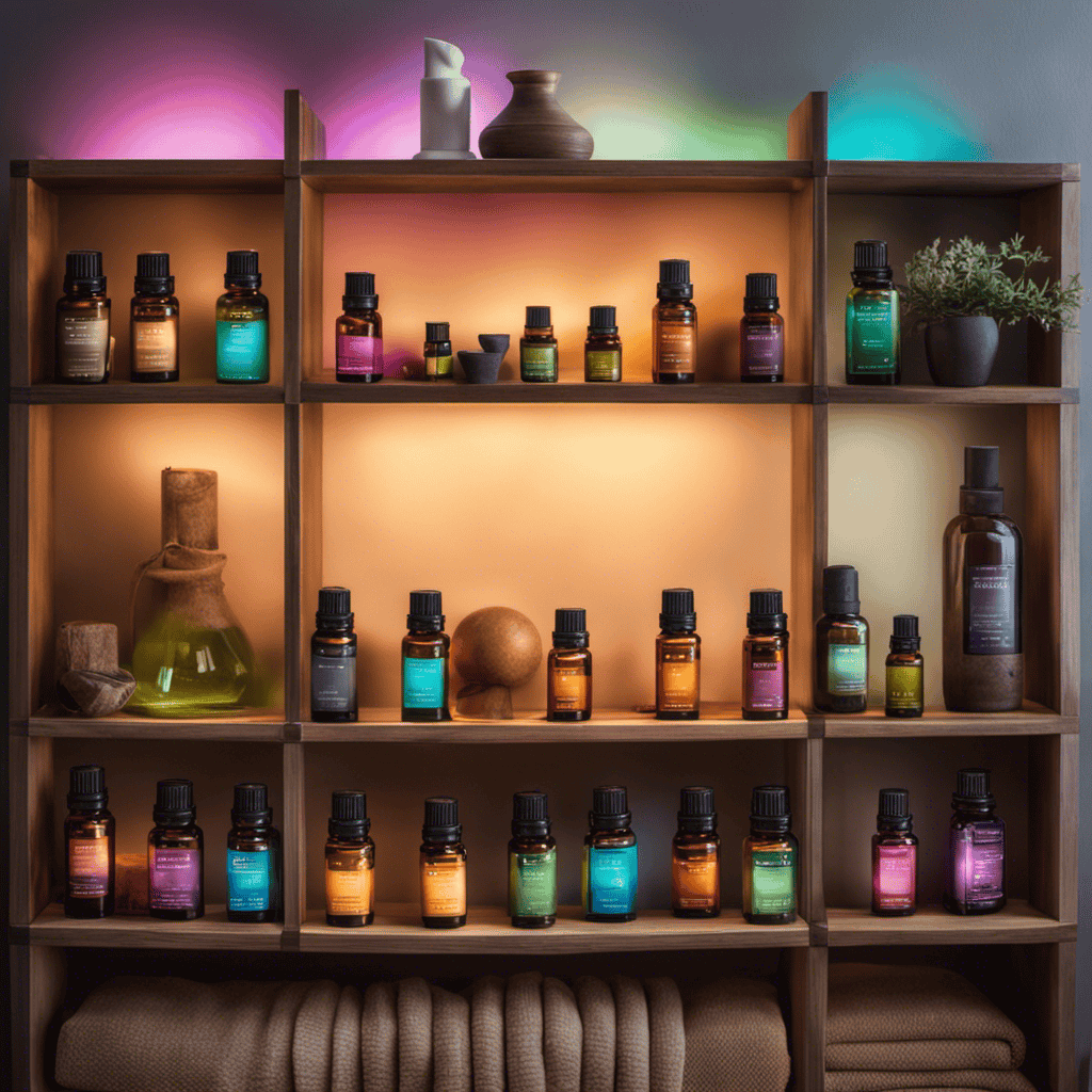 An image showcasing a serene scene of a softly lit room, adorned with shelves filled with colorful bottles of essential oils, a diffuser emitting gentle mist, and a person inhaling deeply, experiencing the calming benefits of aromatherapy