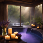 An image featuring a serene, dimly lit spa room with flickering candles, a bouquet of lavender, and a gentle stream of aromatic mist emanating from an essential oil diffuser, enveloping the scene in tranquility