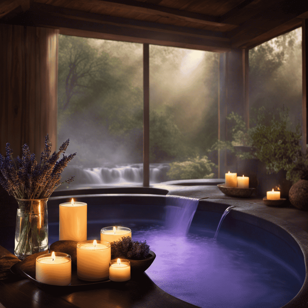 An image featuring a serene, dimly lit spa room with flickering candles, a bouquet of lavender, and a gentle stream of aromatic mist emanating from an essential oil diffuser, enveloping the scene in tranquility