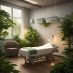 An image of a serene hospital room enhanced by the soft glow of essential oil diffusers, surrounded by lush green plants