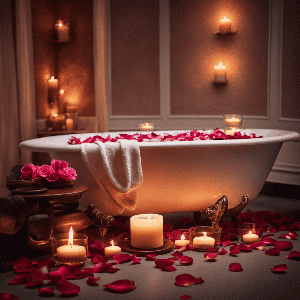 An image of a serene, dimly lit spa room adorned with flickering scented candles