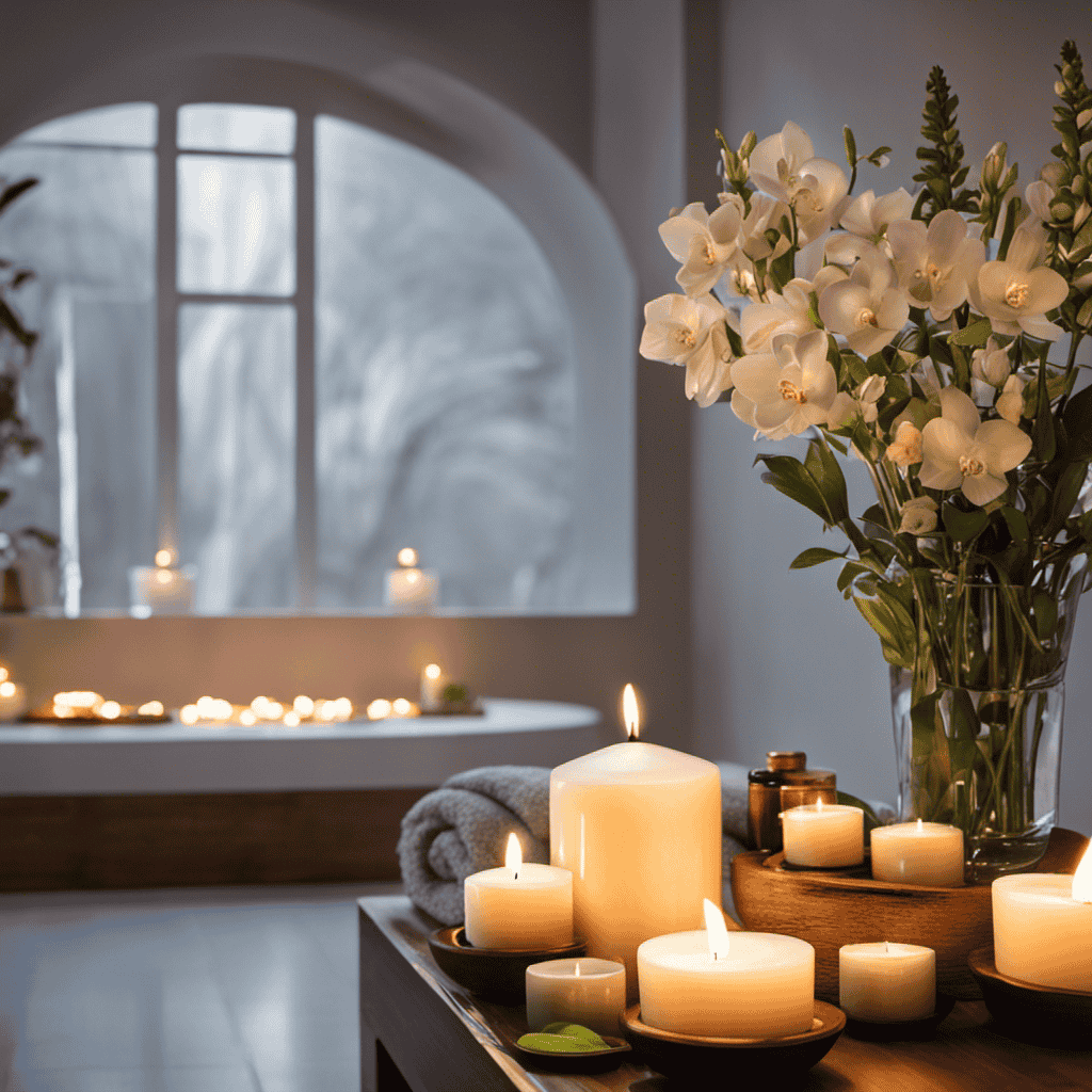An image depicting a serene spa room with soft, dimmed lighting, aromatic candles flickering, and a clock on the wall displaying the passing of time, capturing the essence of an aromatherapy session's duration