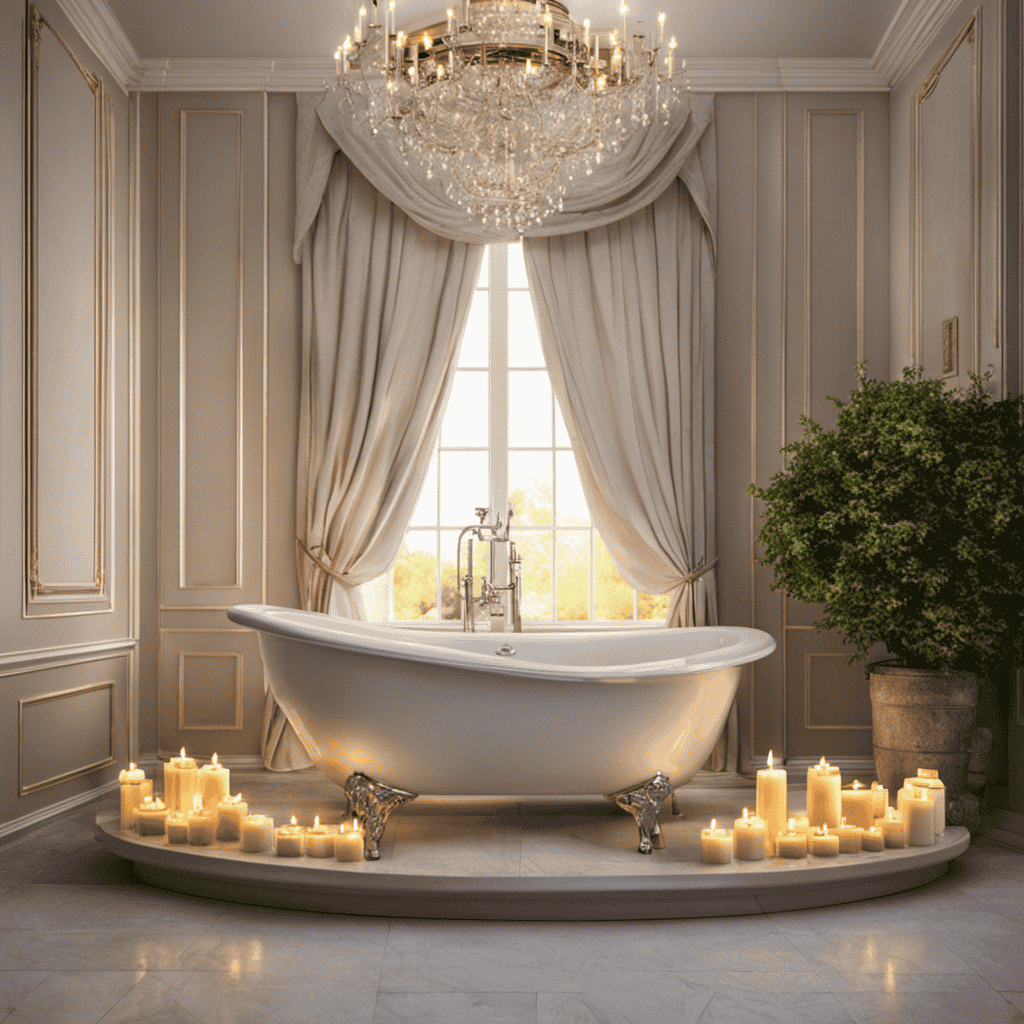 An image showcasing a serene bathroom scene with a filled bathtub surrounded by flickering scented candles