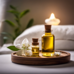 An image depicting a serene bedroom setting with a glass bottle of aromatherapy oil placed on a nightstand, surrounded by soft, diffused light