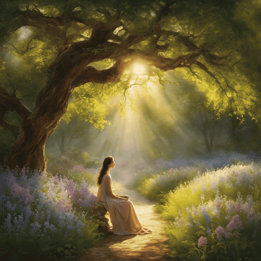 An image depicting a serene setting with a person surrounded by aromatic flowers, gently inhaling their fragrance