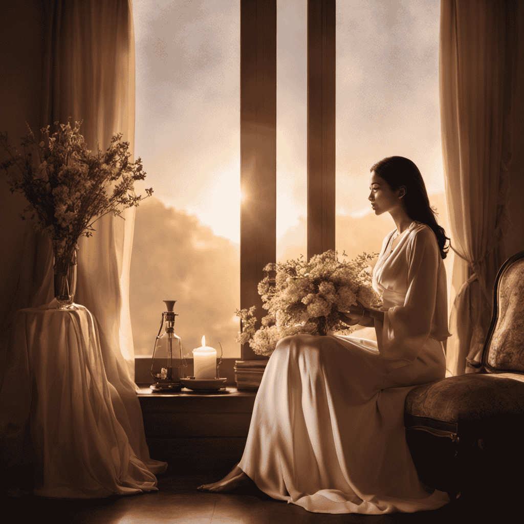 An image showcasing a serene setting with a diffuser releasing aromatic vapors, gently enveloping a person in a cozy room