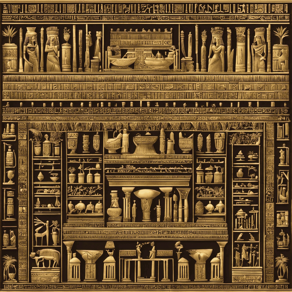 An image that depicts an ancient Egyptian temple adorned with intricate hieroglyphics, where priests and priestesses are seen extracting and distilling fragrant oils from various plants, symbolizing the centuries-old practice of aromatherapy