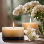 An image showcasing a serene setting with a lit aromatic candle gently releasing fragrant wisps into the air, surrounded by a timer subtly indicating the duration of an ideal aromatherapy session