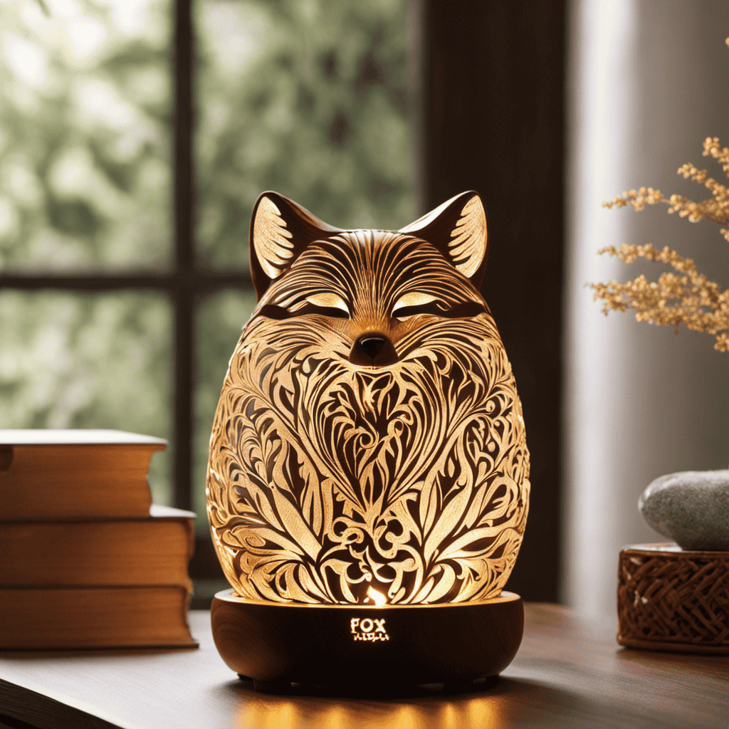 An image showcasing a serene setting, with a fox-shaped aromatherapy diffuser emitting soothing scents