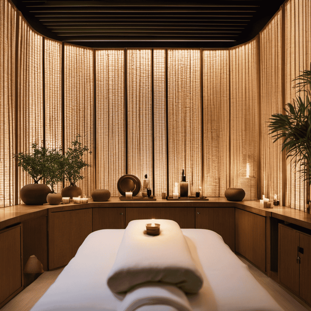 An image showcasing a serene acupuncture room, with an acupuncturist delicately inserting tiny needles into a patient's skin while a diffuser releases fragrant essential oils, enveloping the space with a calming aroma