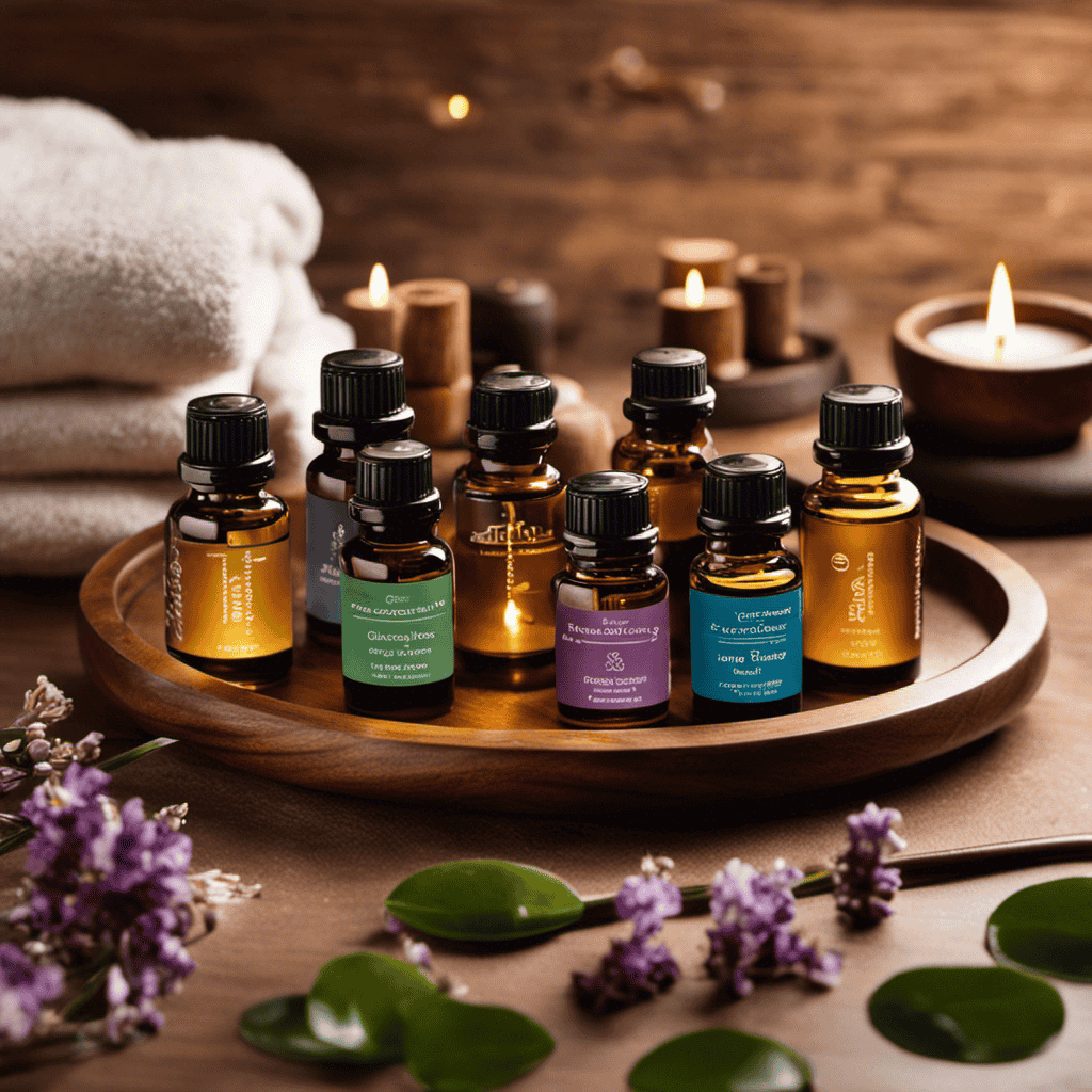 An image of a serene spa setting with a wooden tray holding a variety of essential oil bottles, each labeled with different aromas