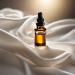 An image showcasing an open bottle of essential oil, suspended mid-air above a delicate, white fabric