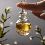 An image showcasing a delicate hand gently squeezing a glass dropper, releasing a single shimmering droplet of essential oil onto a string of intricately designed aromatherapy beads, capturing the essence of precise dosage and therapeutic balance