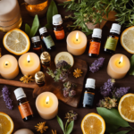 An image showcasing an eclectic arrangement of aromatic essential oils, diffusers, and scented candles, capturing the essence of Aromatherapy in the US