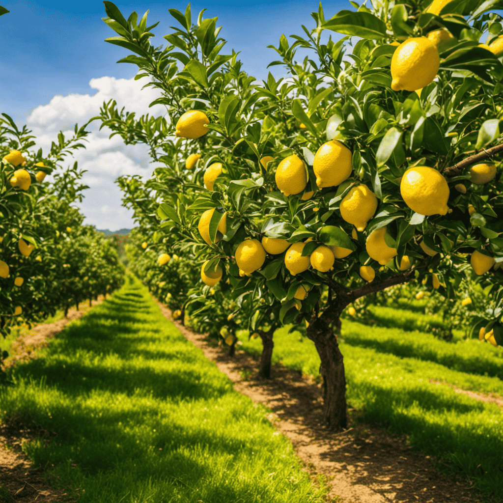 An image showcasing a vibrant lemon orchard, with countless ripe lemons hanging from the branches