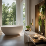An image capturing a serene bathroom setting, with soft natural light streaming through a partially open window