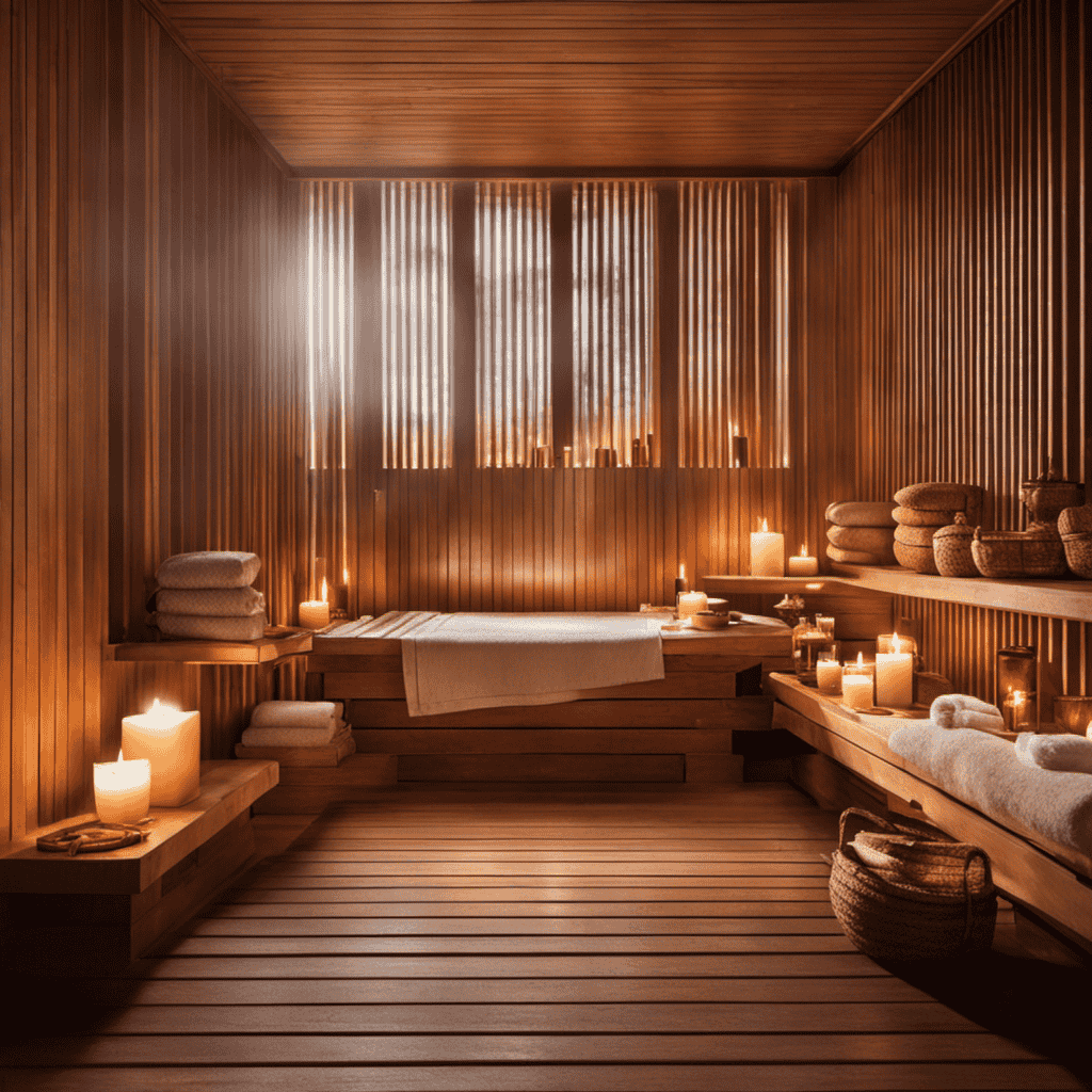 An image of a serene spa room, featuring a wooden sauna filled with aromatic steam