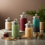 An image showcasing an assortment of aromatic bead canisters adorning a tranquil spa-like environment