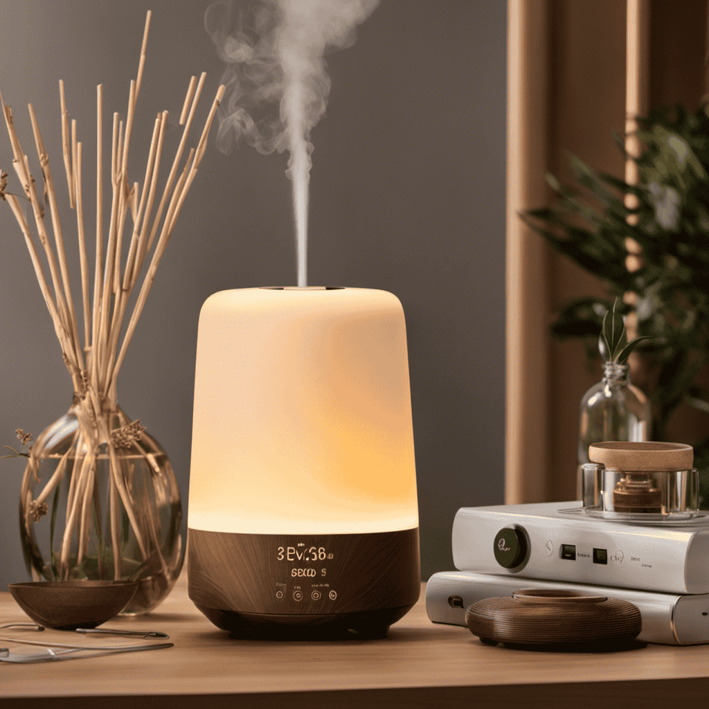 An image showcasing an aromatherapy diffuser plugged into a power outlet, emitting a soft, warm glow