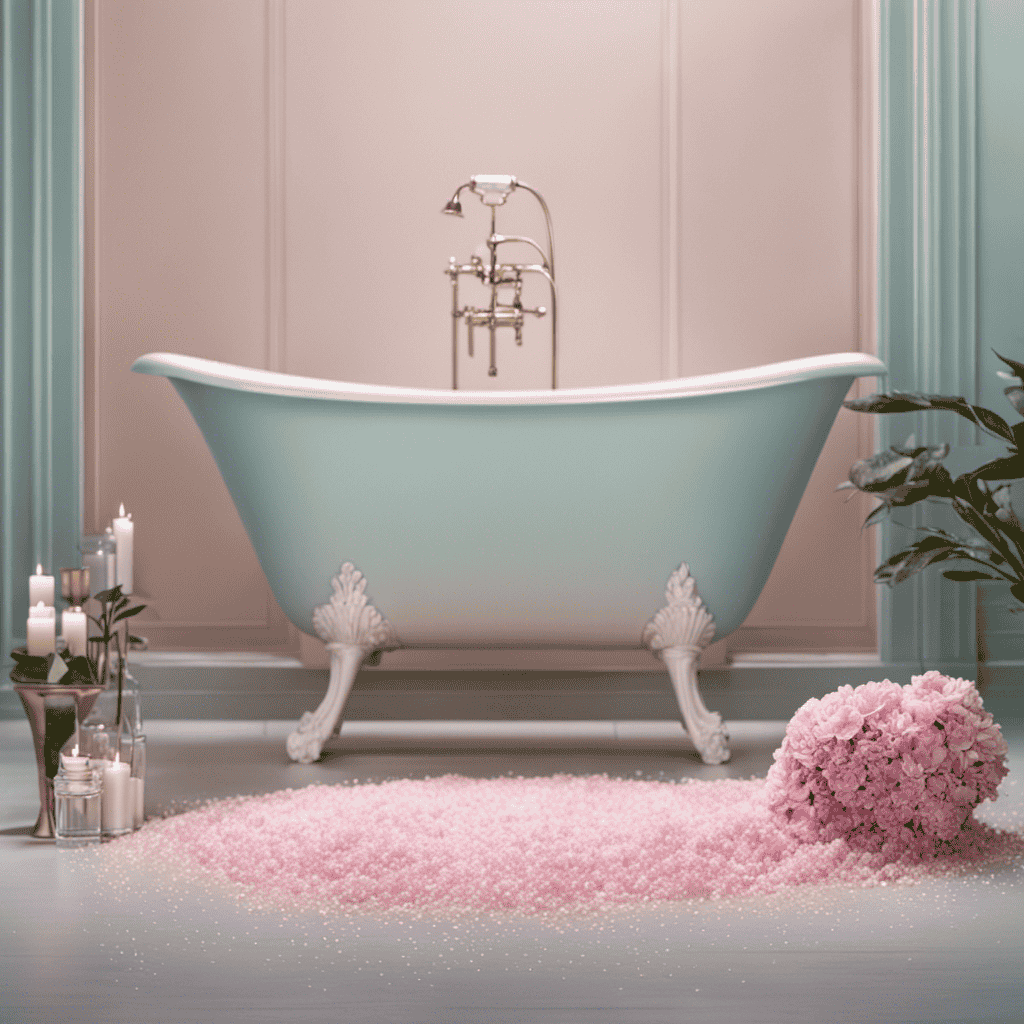 An image showcasing a serene bathroom scene with a partially filled bathtub containing soft, pastel-colored water