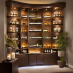 An image of a serene spa room with shelves lined with colorful bottles of essential oils, surrounded by a misty haze of fragrant aromas