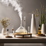 An image showcasing a serene, minimalist setting with a diffuser emitting delicate wisps of aromatic vapor, surrounded by scientific equipment like beakers and microscopes, hinting at the scientific evidence supporting aromatherapy