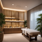 An image showcasing a serene spa room with soft lighting, a massage table draped in luxurious linens, and a shelf displaying an array of essential oils