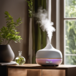 An image showcasing a serene living space with an aromatherapy diffuser on a wooden shelf, emitting a gentle mist of water vapor