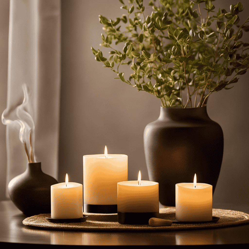 An image capturing the serene ambiance of a dimly lit room, adorned with flickering candles, as aromatic vapors waft gently from a diffuser, evoking a sense of tranquility, while emphasizing the topic of "How Often Aromatherapy