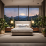 An image depicting a serene bedroom with soft lighting, a diffuser emitting a gentle mist of essential oils, and a person comfortably reclining, surrounded by calming botanical scents