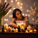 An image showcasing a tranquil scene with a person surrounded by aromatic candles, diffusers, and essential oils